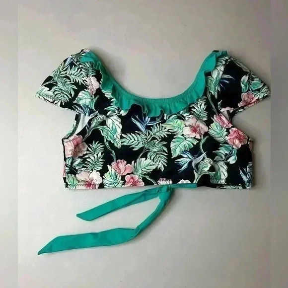 Girls Tommy Bahama Black Green Tropical Floral Bikini Top 14 - Picture 1 of 3